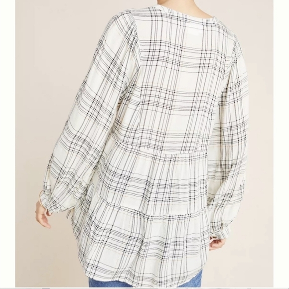 Anthropology Darlene Boho Metallic Thread Plaid Floral V Neckline Tiered Tunic - Picture 2 of 9